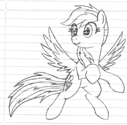 Size: 998x986 | Tagged: safe, artist:mdsk-rb, rainbow dash, pegasus, pony, g4, female, flying, lined paper, mare, obtrusive watermark, sketch, smiling, solo, spread wings, traditional art, watermark, wings
