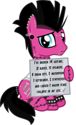Size: 681x1124 | Tagged: safe, artist:lightningbolt, derpibooru exclusive, oc, oc only, oc:punk dude, earth pony, pony, g4, .svg available, bags under eyes, clothes, dyed mane, dyed tail, ear piercing, earring, eyeliner, hoof hold, jewelry, leg band, lidded eyes, lip piercing, looking at you, makeup, male, nose piercing, piercing, pony shaming, shirt, show accurate, sign, simple background, sitting, solo, stallion, svg, tail band, tattoo, transparent background, vector, wristband