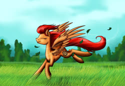Size: 1200x832 | Tagged: safe, artist:28gooddays, oc, oc only, pony, leaves, open field, running, solo