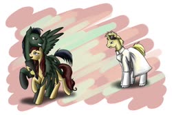 Size: 1050x700 | Tagged: safe, artist:28gooddays, earth pony, pegasus, pony, unicorn, clothes, dr. horrible's sing-along blog, goggles, male, ponified, redraw, robe, stallion
