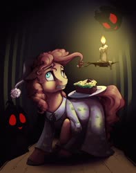 Size: 806x1024 | Tagged: safe, artist:28gooddays, pinkie pie, pound cake, pumpkin cake, pony, g4, cake, cake twins, candle, clothes, eyes in the dark, female, food, hat, nightcap, nightgown, nightmare, pajamas, prehensile mane, red eyes, siblings, solo, twins