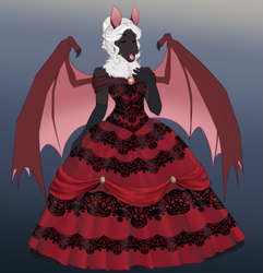 Size: 759x786 | Tagged: safe, artist:askbubblelee, oc, oc only, bat pony, anthro, unguligrade anthro, abstract background, anthro oc, bat pony oc, beautiful, brooch, clothes, cute, digital art, dress, evening gloves, eyelashes, eyes closed, eyeshadow, fangs, female, gloves, gown, lipstick, long gloves, makeup, mare, neck fluff, ocbetes, open mouth, shoulder fluff, singing, solo