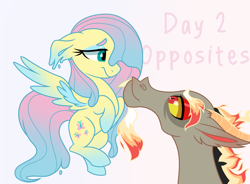 Size: 2359x1736 | Tagged: safe, artist:koloredkat, discord, fluttershy, draconequus, pegasus, pony, g4, female, fire, looking at each other, male, mare, melting, ship:discoshy, shipping, smiling, straight, text