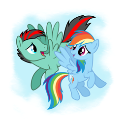 Size: 900x906 | Tagged: safe, artist:28gooddays, rainbow dash, oc, oc:ray blaze, pegasus, pony, g4, canon x oc, cute, female, flying, looking at each other, male, mare, shipping, simple background, stallion, straight