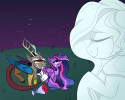 Size: 2500x2000 | Tagged: safe, artist:koloredkat, discord, fluttershy, twilight sparkle, alicorn, draconequus, pony, g4, the last problem, crying, eyes closed, female, high res, immortality blues, implied death, looking up, male, mare, night, older, older twilight, older twilight sparkle (alicorn), princess twilight 2.0, sad, ship:discoshy, shipping, stars, statue, straight, teary eyes, twilight sparkle (alicorn)