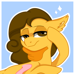 Size: 1676x1652 | Tagged: safe, artist:koloredkat, oc, oc only, pegasus, pony, bust, ear fluff, emoji, female, mare, pegasus oc, ponified, smiling, solo, thinking, wings, 🤔