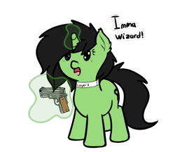 Size: 901x777 | Tagged: safe, artist:neuro, oc, oc only, oc:filly anon, pony, unicorn, 1911, dialogue, female, filly, glowing horn, gun, gun wizard, handgun, horn, m1911, magic, magic aura, pistol, simple background, smiling, solo, text, transparent background, weapon