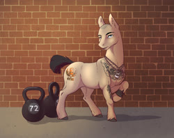 Size: 1280x1013 | Tagged: safe, artist:28gooddays, oc, oc only, pony, bald, dumbbell (object), male, solo, stallion, tattoo, weights