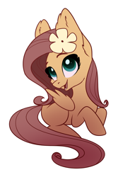 Size: 956x1302 | Tagged: safe, artist:28gooddays, fluttershy, pegasus, pony, g4, chibi, cute, female, flower, flower in hair, mare, missing cutie mark, open mouth, prone, simple background, smiling, solo, white background