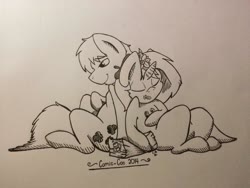 Size: 1024x768 | Tagged: safe, artist:lucas_gaxiola, oc, oc only, oc:charmed clover, earth pony, pony, unicorn, duo, earth pony oc, female, flower, flower in hair, horn, lineart, male, mare, sitting, sleeping, smiling, stallion, text, traditional art, unicorn oc