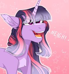 Size: 1876x2000 | Tagged: safe, artist:koloredkat, twilight sparkle, pony, unicorn, g4, abstract background, eye clipping through hair, female, horse noises, majestic as fuck, mare, neigh, open mouth, solo, unicorn twilight