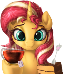 Size: 2123x2521 | Tagged: safe, artist:awalex, sunset shimmer, pony, unicorn, g4, cake, cute, digital art, female, food, high res, looking at you, mare, pun, shimmerbetes, simple background, smiling, solo, spoon, tea, transparent background, underhoof, visual pun