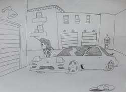 Size: 1614x1181 | Tagged: safe, artist:octascratchrock, octavia melody, equestria girls, g4, alley, building, car, clothes, female, grayscale, mazda, mazda rx-7, monochrome, solo, traditional art