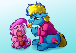 Size: 4000x2800 | Tagged: safe, artist:witchtaunter, oc, dragon, earth pony, pony, baby, baby dragon, babysitting, clothes, commission, crying, dragon oc, duo, gradient background, hoodie, hoof hold, open mouth, rattle, unshorn fetlocks