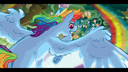 Size: 3265x1837 | Tagged: safe, artist:shaslan, rainbow dash, pegasus, pony, g4, female, flying, mare, ponyville, rainbow trail, smiling, solo, spread wings, wings
