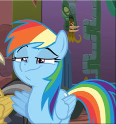 Size: 880x941 | Tagged: safe, screencap, rainbow dash, pegasus, pony, g4, stranger than fan fiction, cropped, faic, female, lidded eyes, mare, offscreen character, rainbow dash is best facemaker, smug, smugdash, solo
