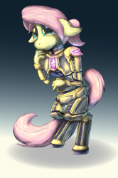 Size: 1265x1908 | Tagged: safe, artist:firefanatic, fluttershy, pegasus, anthro, unguligrade anthro, g4, armor, female, floppy ears, gem, nervous, solo, teary eyes, wingless, wingless anthro