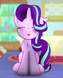 Size: 600x736 | Tagged: safe, artist:bastbrushie, part of a set, starlight glimmer, pony, unicorn, g4, :3, animated, bastbrushie is trying to kill us, carpet, chest fluff, closed mouth, cute, daaaaaaaaaaaw, dancing, eyes closed, female, gif, glimmerbetes, happy, hnnng, mare, silly, sitting, solo, table, tongue out