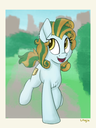 Size: 1400x1850 | Tagged: safe, artist:litrojia, oc, oc only, oc:atlas, earth pony, pony, cheek fluff, chest fluff, city, female, mare, park, smiling, solo