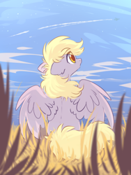 Size: 1500x2000 | Tagged: safe, artist:mirtash, derpy hooves, pegasus, pony, contrail, cute, derpabetes, ear fluff, featured image, female, field, floppy ears, foreground, grass, looking up, mare, outdoors, plane, rear view, sitting, sky, solo, spread wings, wings