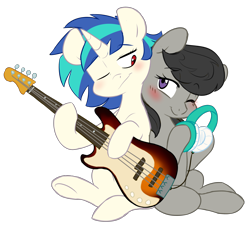 Size: 3720x3343 | Tagged: safe, artist:chub-wub, dj pon-3, octavia melody, vinyl scratch, earth pony, pony, unicorn, g4, back to back, bass guitar, blushing, female, guitar, headphones, high res, hoof hold, lesbian, mare, missing accessory, musical instrument, one eye closed, ship:scratchtavia, shipping, simple background, song, song reference, transparent background, wrong eye color