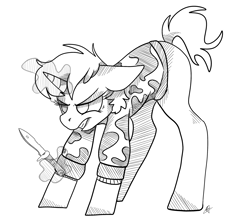 Size: 2500x2200 | Tagged: safe, artist:katyusha, oc, oc only, oc:dossier, pony, unicorn, fanfic:shadow of equestria, angry, ass up, colorless, commission, commission example, female, fighting stance, high res, knife, lineart, snarling, solo