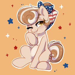 Size: 1800x1800 | Tagged: safe, artist:oofycolorful, oc, oc only, oc:cinnamon spangled, earth pony, pony, commission, eye clipping through hair, one eye closed, simple background, sitting, smiling, solo, wink