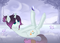 Size: 2364x1700 | Tagged: safe, alternate character, alternate version, artist:kim0508, artist:sparkling_light, oc, oc only, oc:flora aura, butterfly, pony, unicorn, cute, dock, female, flower, fog, grass, jewelry, legs in air, mare, necklace, on back, solo, tree, underhoof, ych result