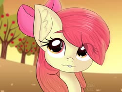 Size: 1600x1200 | Tagged: safe, artist:janelearts, apple bloom, earth pony, pony, g4, adorabloom, apple, apple bloom's bow, apple tree, bow, bust, cute, eye clipping through hair, female, food, hair bow, looking up, portrait, solo, tree