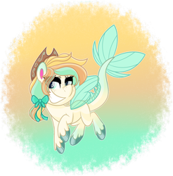 Size: 1297x1317 | Tagged: safe, artist:missbramblemele, oc, oc only, oc:seabreeze serenade, hybrid, seapony (g4), g4.5, my little pony: pony life, bedroom eyes, bow, commission, cowboy hat, female, grin, hair bow, hat, mare, multicolored hair, raised hoof, raised leg, simple background, smiling, solo, transparent background, trotting, unshorn fetlocks
