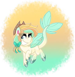 Size: 1297x1317 | Tagged: safe, artist:thehaywaiianhorse, oc, oc only, oc:seabreeze serenade, hybrid, seapony (g4), g4, g4.5, my little pony: pony life, bedroom eyes, bow, commission, cowboy hat, female, grin, hair bow, hat, mare, multicolored hair, raised hoof, raised leg, simple background, smiling, solo, transparent background, trotting, unshorn fetlocks