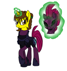 Size: 780x834 | Tagged: safe, artist:thesuitkeeper89, fizzlepop berrytwist, tempest shadow, oc, oc:leria, pony, unicorn, g4, armor, bodysuit, broken horn, disguise, female, grin, horn, magic, magic aura, mask, masking, movie, ponysuit, simple background, smiling, smiling at you, transparent background