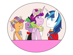 Size: 2048x1536 | Tagged: safe, artist:mintymelody, princess cadance, scootaloo, shining armor, spike, anthro, a canterlot wedding, g4, bride, clothes, digital art, dress, female, flower filly, flower girl, flower girl dress, hat, male, marriage, ship:scootaspike, shipping, straight, suit, top hat, tuxedo, wedding, wedding dress