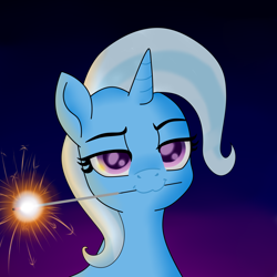 Size: 2700x2700 | Tagged: source needed, safe, artist:freezeroffire, trixie, pony, unicorn, g4, :3, eyebrows, eyelashes, female, gradient background, grin, high res, lidded eyes, mare, mouth hold, new year, simple background, smiling, smirk, solo, sparkler (firework)
