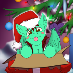 Size: 2000x2000 | Tagged: safe, artist:peterhrod656, artist:twotail813, oc, oc only, oc:bluphy hooves, pegasus, pony, base used, chest fluff, christmas, christmas lights, christmas tree, cute, ear fluff, hat, high res, holiday, present, santa hat, solo, tongue out, tree