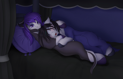 Size: 3695x2362 | Tagged: safe, artist:batsdisaster, oc, oc only, oc:batsdisaster, bat pony, earth pony, pony, vampire, vampony, bed, fangs, high res, male, pillow, purple eyes, sleeping