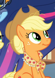 Size: 398x563 | Tagged: safe, screencap, applejack, earth pony, pony, g4, the last problem, applejack's hat, clothes, cowboy hat, cropped, cute, female, granny smith's shawl, hair bun, hat, jackabetes, looking up, mare, offscreen character, older, older applejack, sitting, smiling, solo focus