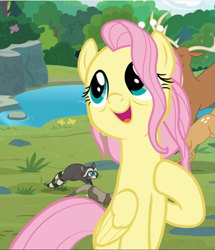 Size: 807x940 | Tagged: safe, screencap, fluttershy, deer, pegasus, pony, raccoon, g4, the last problem, cropped, cute, female, hoof on chest, mare, older, older fluttershy, open mouth, raised hoof, shyabetes, solo, standing up