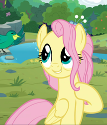 Size: 806x938 | Tagged: safe, screencap, fluttershy, bird, pegasus, pony, g4, the last problem, cropped, cute, female, hoof on chest, looking at each other, mare, older, older fluttershy, raised hoof, shyabetes, smiling, solo, standing up