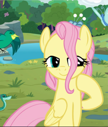 Size: 797x941 | Tagged: safe, screencap, fluttershy, bird, butterfly, pegasus, pony, snake, g4, the last problem, cropped, female, lidded eyes, mare, older, older fluttershy, raised hoof, smiling, solo, standing up