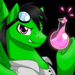 Size: 900x900 | Tagged: safe, artist:nothingspecialx9, oc, oc only, oc:thallium burst, object pony, original species, pegasus, pony, badass, black background, bust, clothes, element pony, glass, goggles, lab coat, male, ponified, simple background, solo, stallion