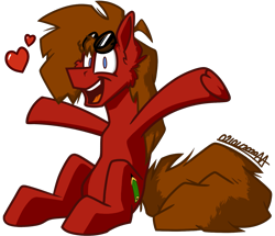 Size: 1395x1200 | Tagged: safe, artist:adilord, oc, oc only, oc:adilord, earth pony, pony, 2020 community collab, derpibooru community collaboration, aviator goggles, big tail, digital art, goggles, happy, heart, male, open arms, ponysona, simple background, sitting, smiling, solo, stallion, transparent background