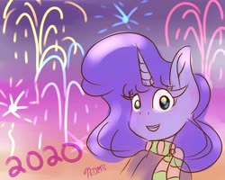 Size: 5000x4000 | Tagged: safe, artist:nedemai, oc, oc only, oc:nedi, unicorn, anthro, 2020, anthro oc, clothes, fireworks, new year, scarf, solo
