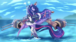 Size: 5000x2770 | Tagged: safe, artist:starry-tamara, twilight sparkle, alicorn, pony, semi-anthro, g4, the last problem, airship, anime, anime style, arm hooves, armor, azur lane, battleship, beautiful, butt wings, cannon, clothes, crown, female, giant pony, giantess, hms queen elizabeth, holding hooves, jewelry, macro, maid, miniskirt, older, older twilight, older twilight sparkle (alicorn), open mouth, pleated skirt, princess twilight 2.0, regalia, ship, shipmare, skirt, socks, stockings, thigh highs, twilight sparkle (alicorn), video game, wings