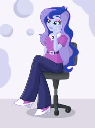 Size: 2048x2732 | Tagged: safe, artist:justsomepainter11, princess luna, vice principal luna, equestria girls, g4, abstract background, beautiful, blouse, bored, chair, clothes, crossed legs, female, hand on cheek, high res, looking away, office chair, pants, show accurate, sitting, solo, supporting head, woman