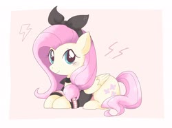 Size: 2048x1520 | Tagged: dead source, safe, artist:ginmaruxx, fluttershy, pegasus, pony, g4, abstract background, choker, clothes, cute, female, folded wings, hairband, lightning, looking at you, mare, prone, shyabetes, solo, wings