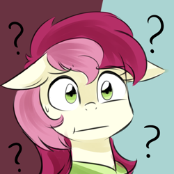 Size: 750x750 | Tagged: artist needed, safe, roseluck, earth pony, pony, g4, :t, bust, confused, female, mare, question mark, reaction image, simple background, solo