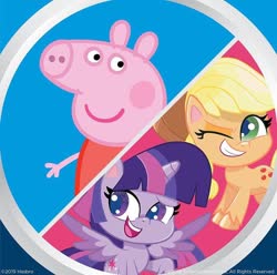 Size: 750x744 | Tagged: safe, applejack, twilight sparkle, alicorn, earth pony, pig, pony, anthro, g4.5, my little pony: pony life, official, anthro with ponies, clash of hasbro's titans, entertainment one, hasbro, peppa pig, peppa pig (character), twilight sparkle (alicorn)