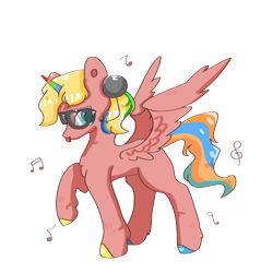 Size: 960x960 | Tagged: safe, artist:coco, oc, oc only, oc:infinity sunset, alicorn, pony, 2020 community collab, derpibooru community collaboration, alicorn oc, glasses, headphones, horn, music notes, simple background, solo, tongue out, transparent background