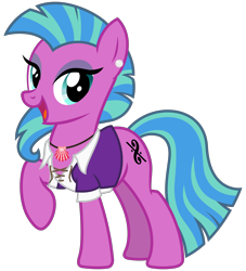 Size: 2900x3200 | Tagged: safe, artist:cheezedoodle96, oc, oc only, oc:elegy, earth pony, hybrid, pony, 2020 community collab, derpibooru community collaboration, g4, .svg available, clothes, disguise, disguised siren, ear piercing, earring, eyeshadow, female, high res, jewelry, looking at you, makeup, mare, mohawk, necklace, open mouth, pearl, piercing, raised hoof, seashell, shirt, simple background, smiling, solo, svg, transparent background, vector, vest